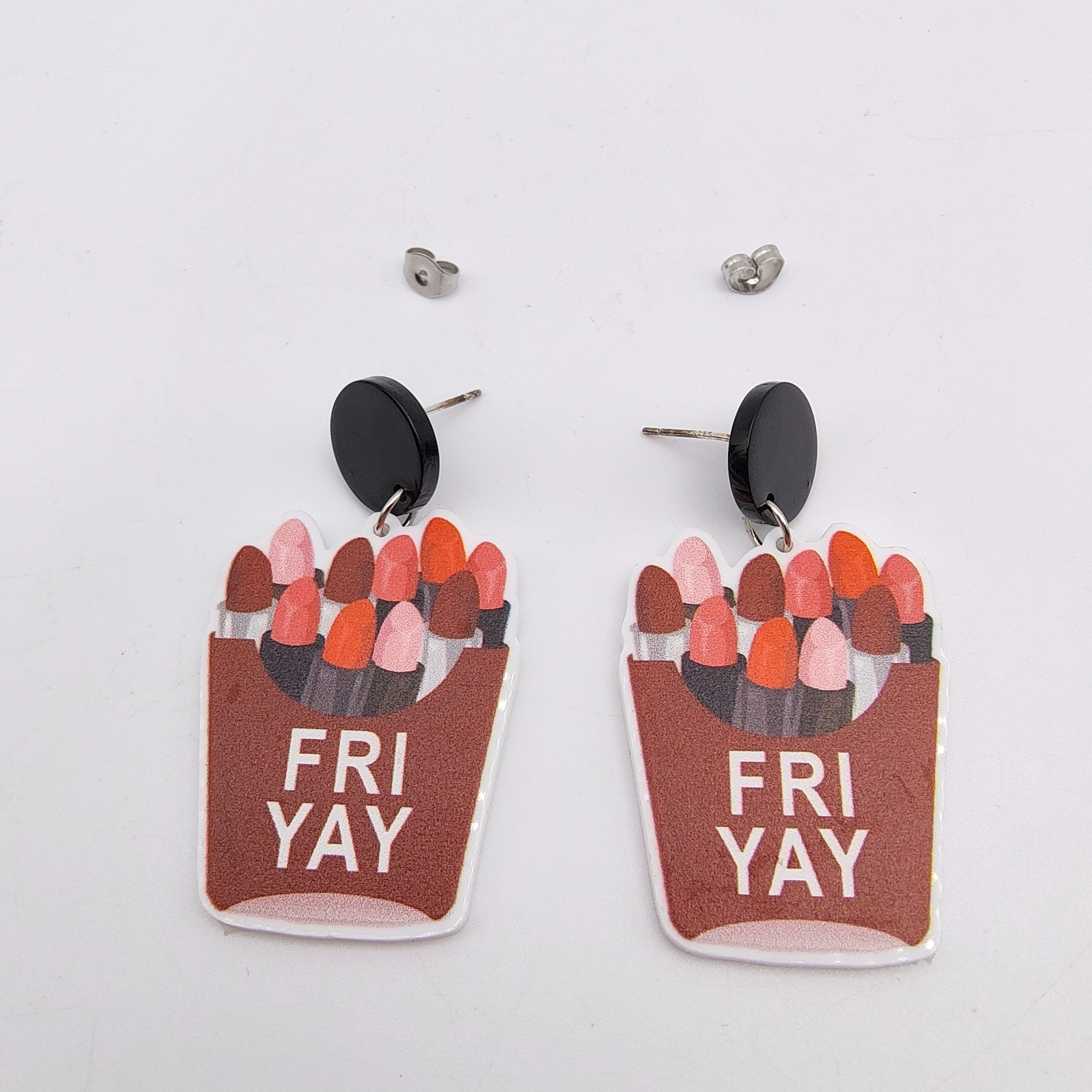 Fri-Yay Dangle Earrings Lipstick Crayon Box Fun Pop Art Statement Pierced Stud