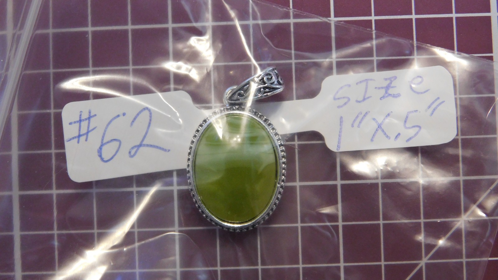 Fashion Pendant 1″ x .5″ Green Stone w/ Silver-Tone Filigree surround – 62