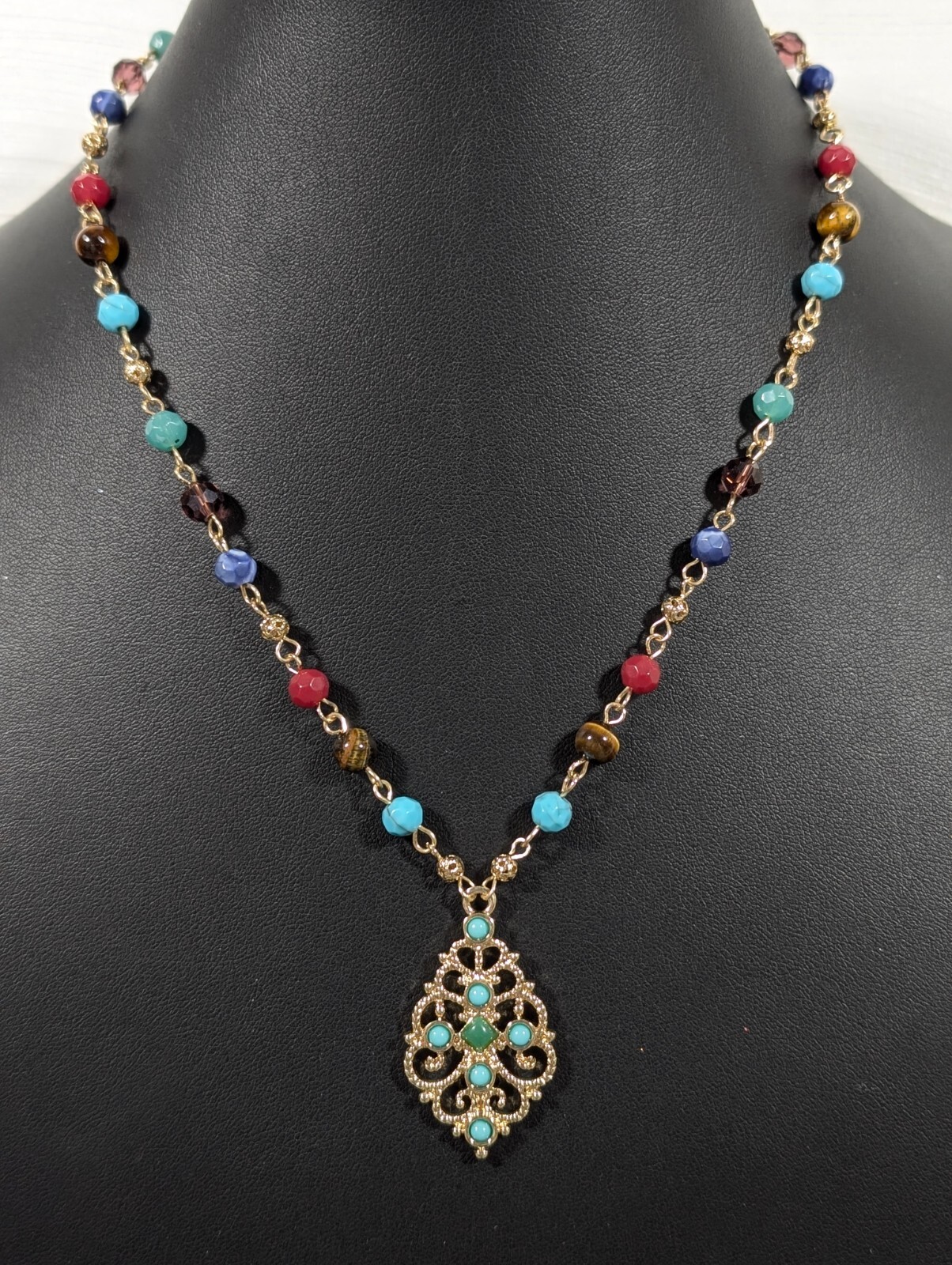 CHAPS Multi Color Beaded Boho Western Neckalce Tigers Eye Faux Turquoise 21 in