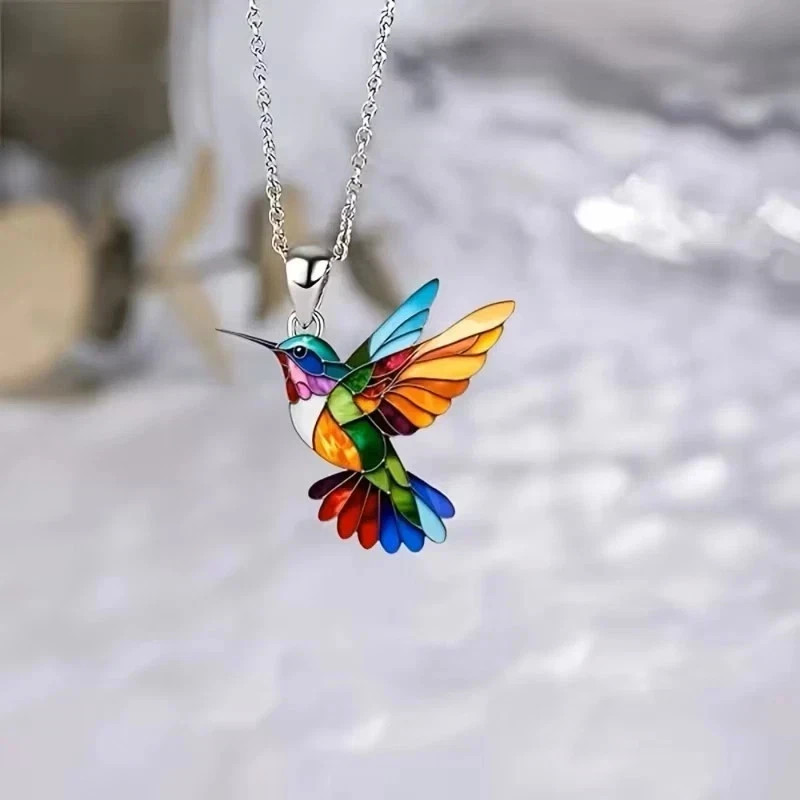 Colorful Hummingbird Pendant Necklace Rainbow Enamel Bird Charm Women Gift Chain