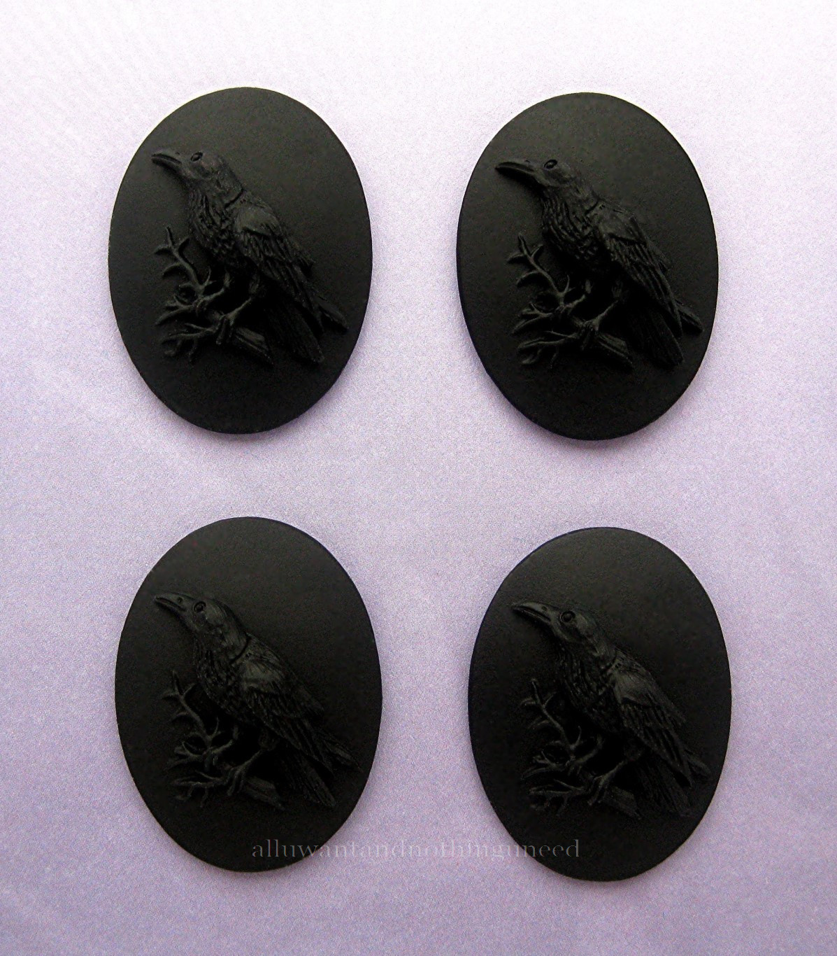 4 BLACK BIRD GOTH CROW RAVEN on BLACK 40mm x 30mm Costume Jewelry CAMEOS EMO