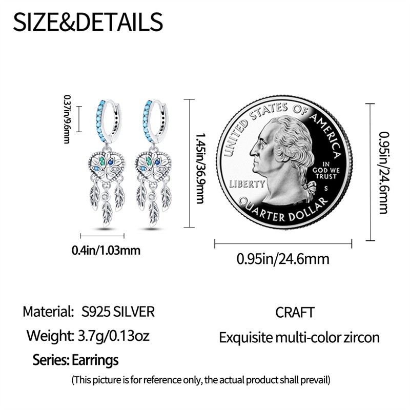 KUNSIR 925 Sterling Silver Fashion Jewelry Feather Dream Catcher Drop Earrings
