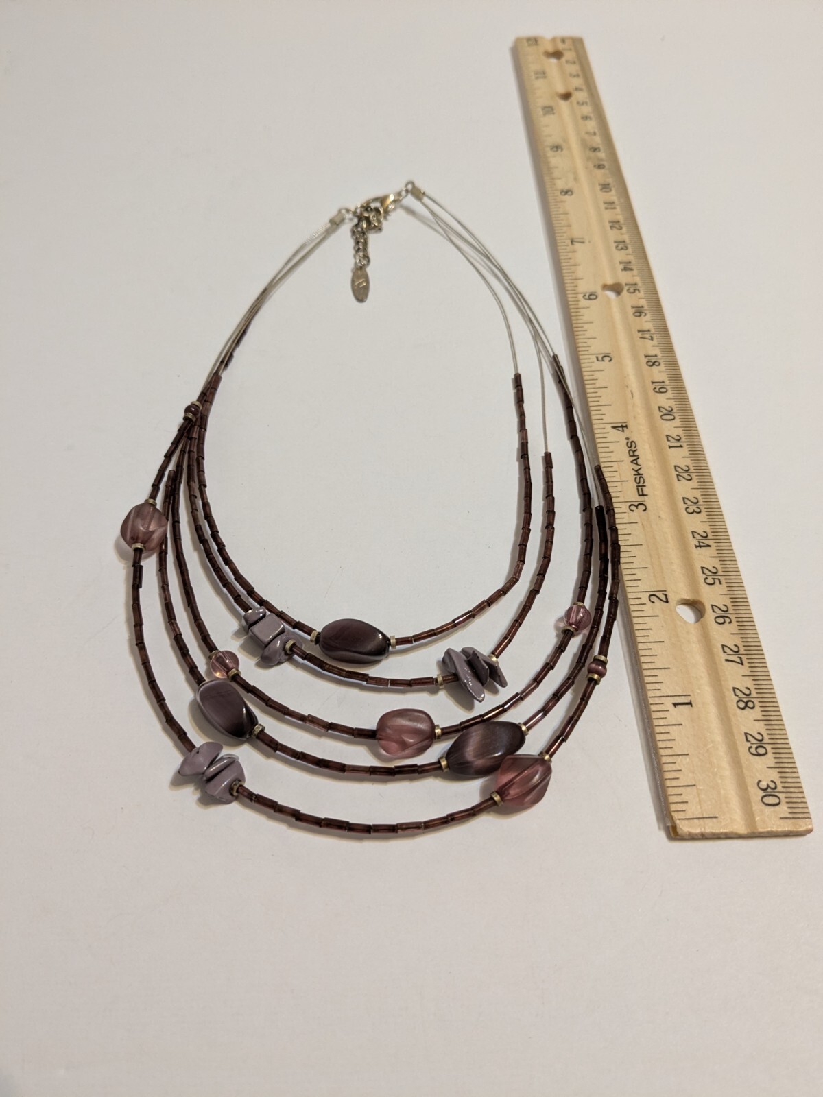 NY & Co 5 Layer Wire Necklace With Purple Glass & Acrylic Beads. *FLAW*.