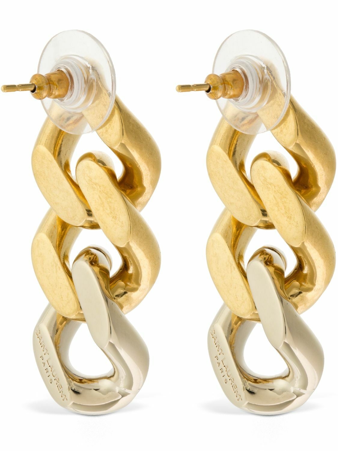 NIB Saint Laurent YSL Triple Curb Chain Link Antique Gold Drop Earrings $795