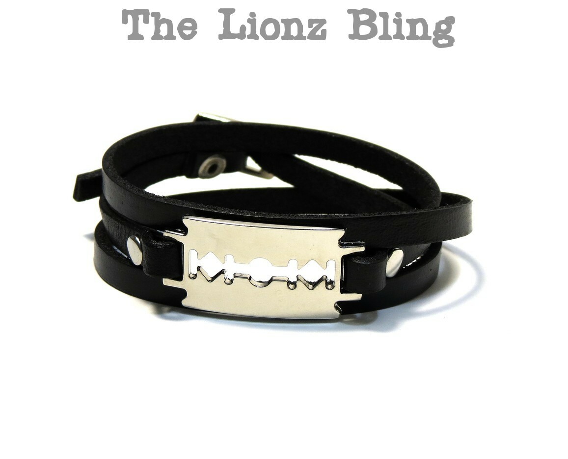 Gothic Punk Black Triple Wrap Faux Leather Bracelet with Chrome Razor Blade