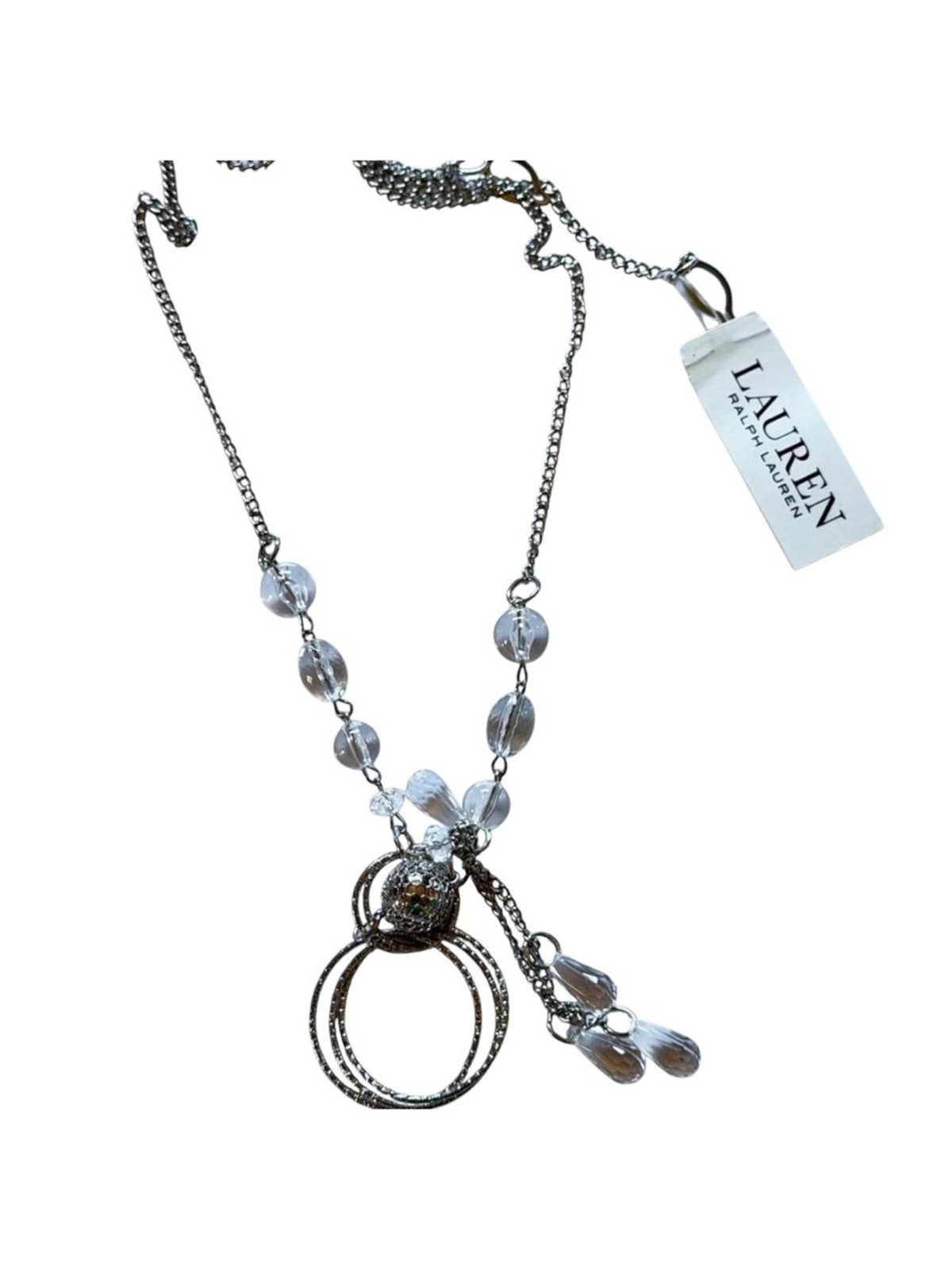NWT Lauren Ralph Lauren Silver Crystal Statement Necklace 30″ Y2K