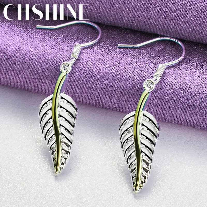 CHSHINE 925 Sterling Silver Feather Earrings Charm Jewelry Party Fashion Eardrop