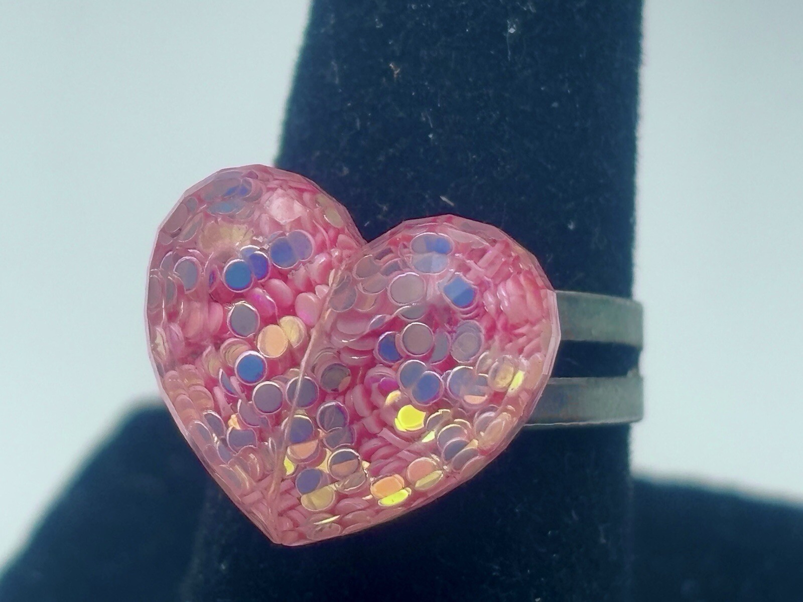 Pink Sparkly Reflective Plastic 3D Heart Ring Adjustable Size 5