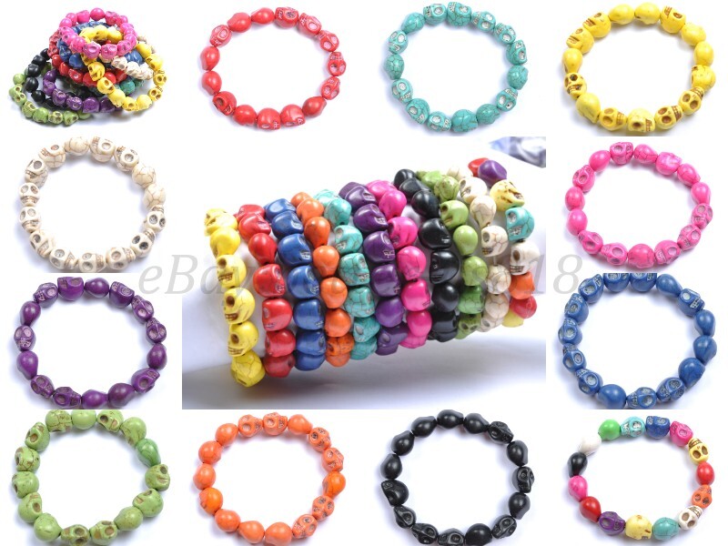 1Pcs Turquoise Sugar Skull Charms Beads Elastic Wristband Bracelets U Pick Color