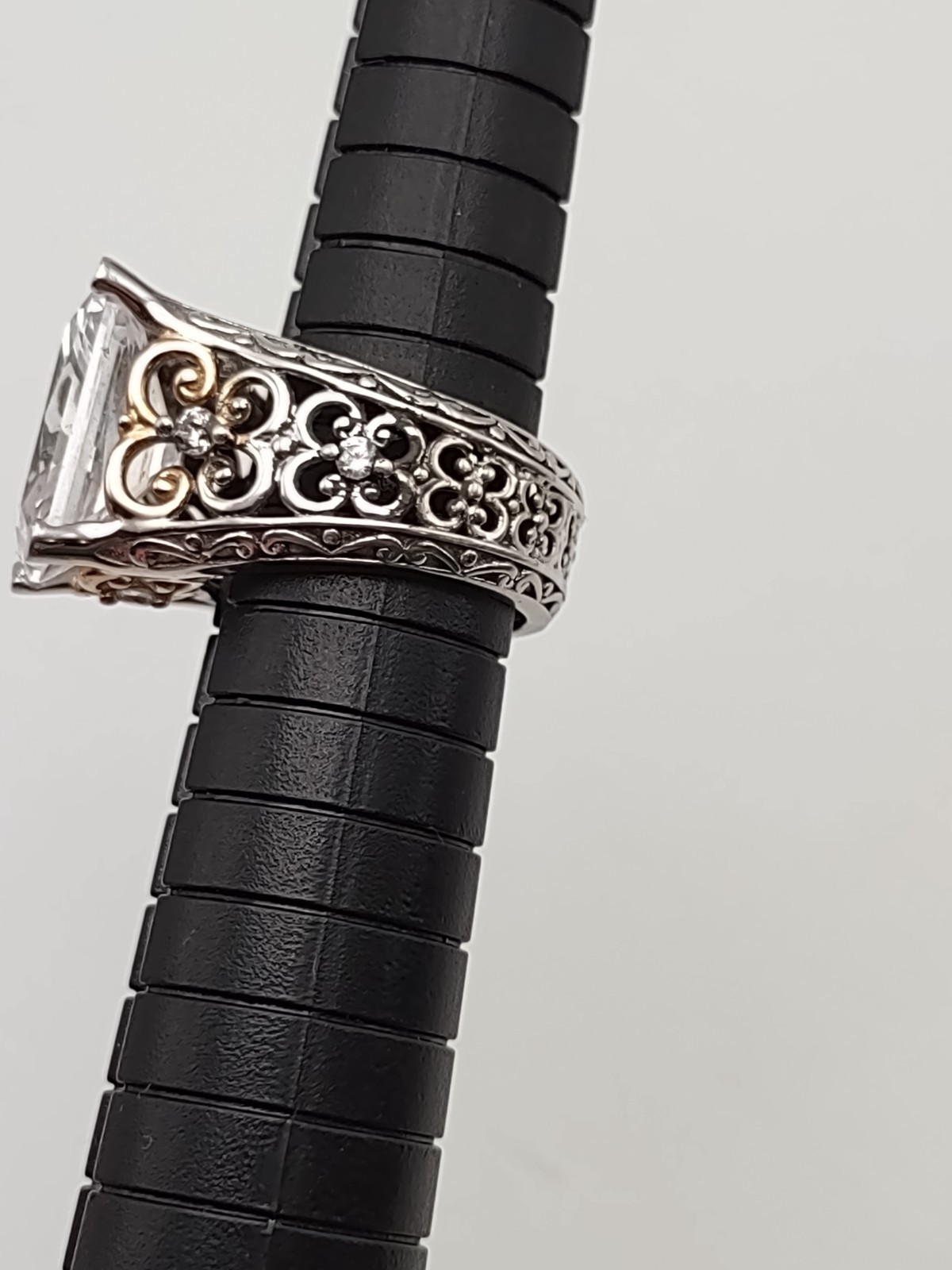 925 Sterling CZ Cocktail Ring Gold Accents Filigree 5