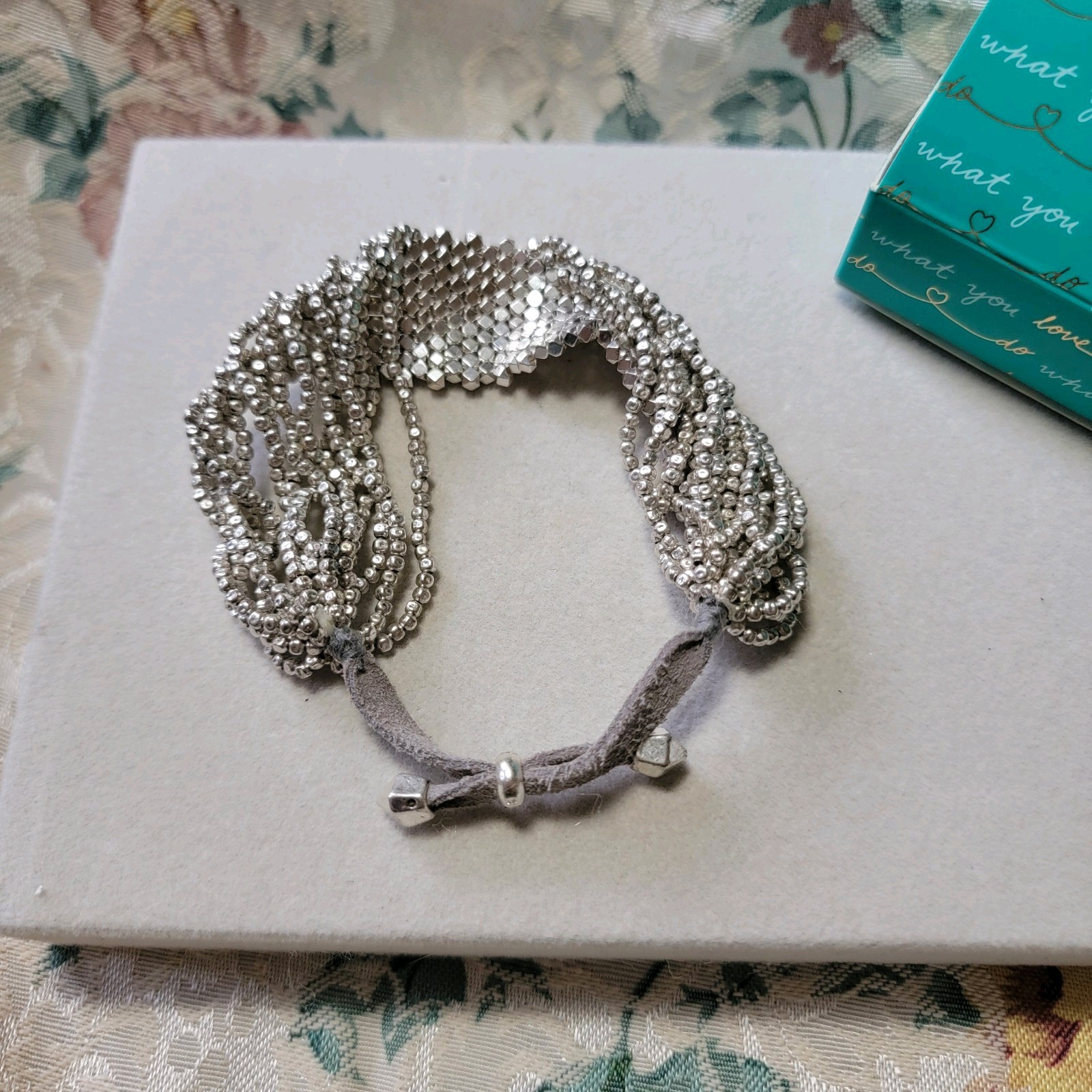 Stella & Dot Vera Bracelet Silver Tone With Taupe Leather Ties Adjustable