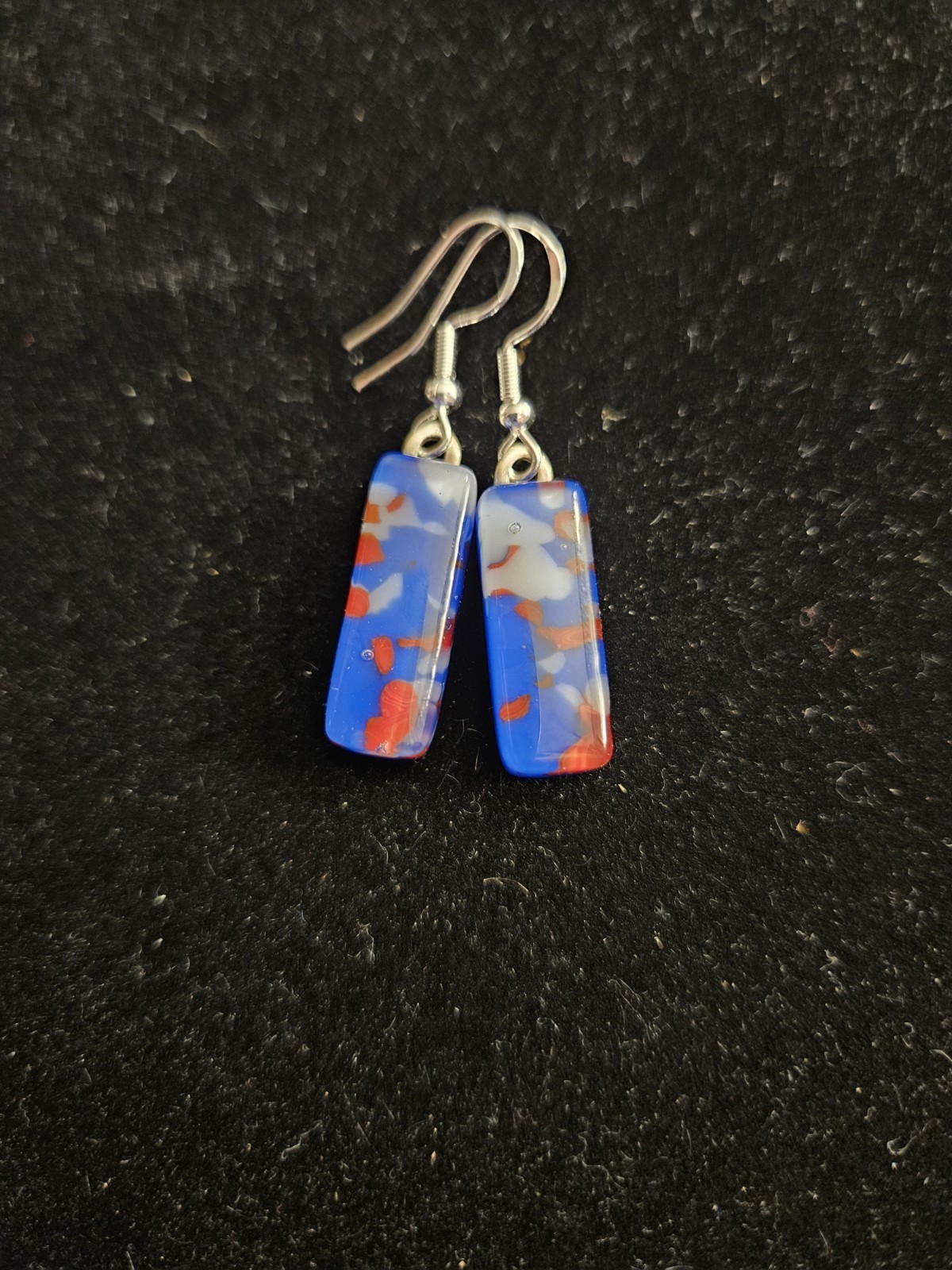 Blue Rectangle Glass & Metal Dangle/Drop Earrings Hook Closure With Stone