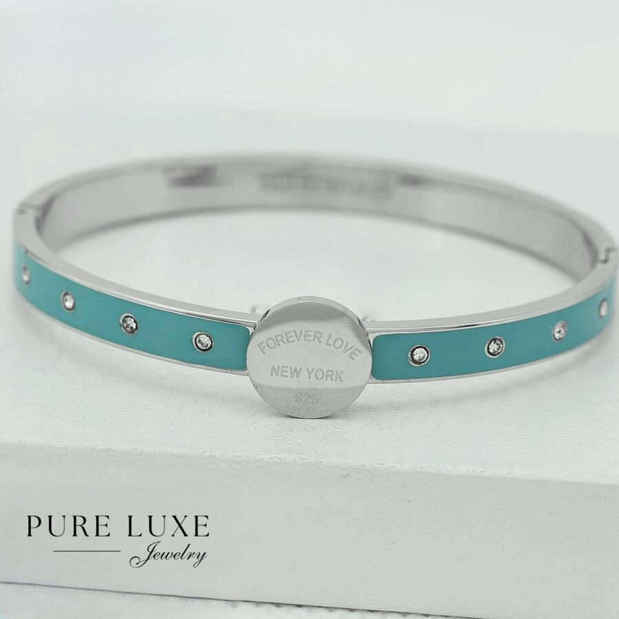 6.5″ Womens Stainless Steel,High Polish Turquoise CZ Iecd Bangle Bracelet*BOX