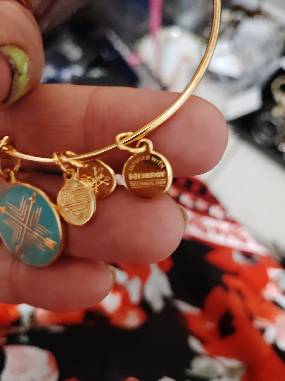 Alex and Ani Signed Sizable Stackable Gold Tone Bangle Teal Snowflake Charm