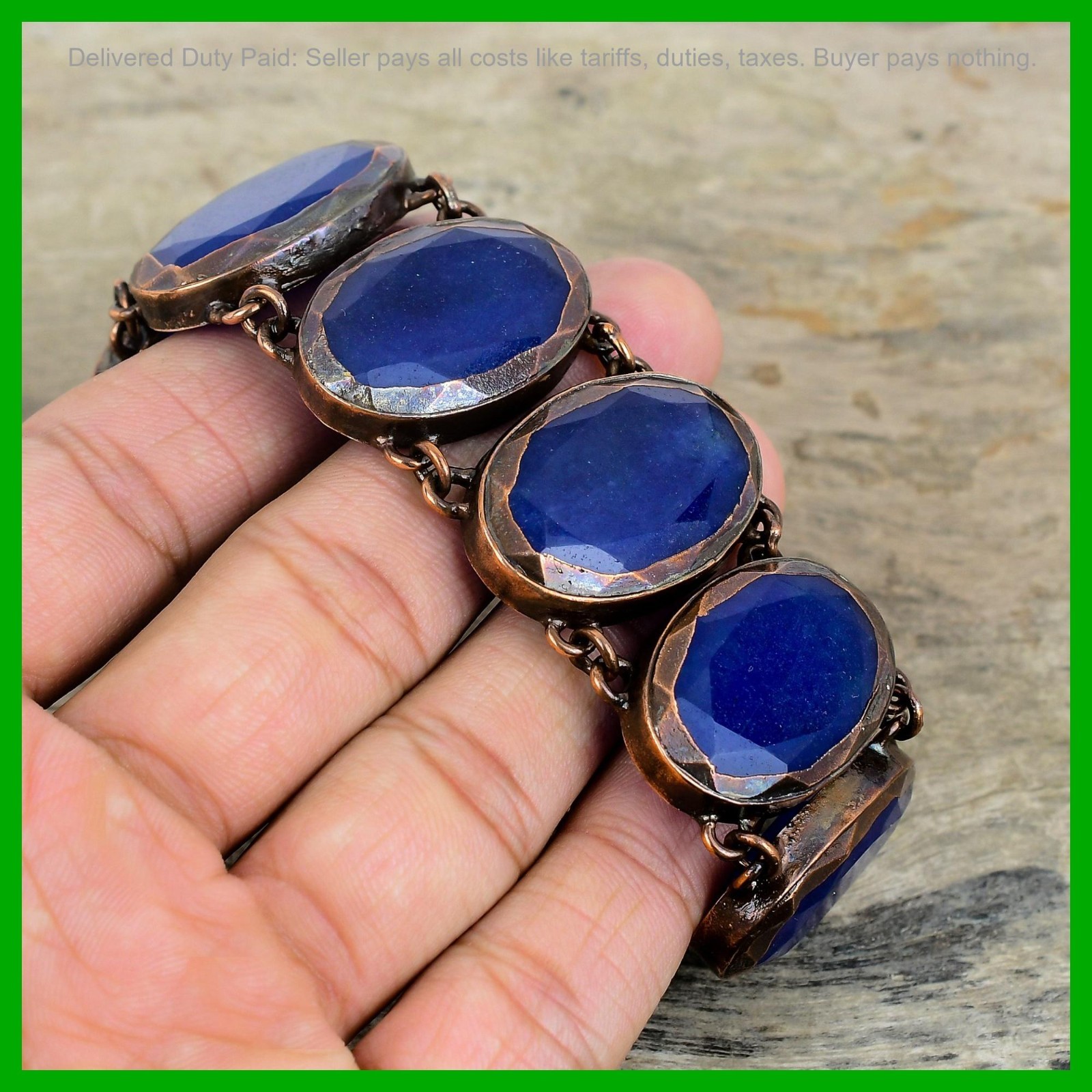 Oval Blue Saphire Stone Bezel Electroformed Chain Trendy Sister Bracelet Copper