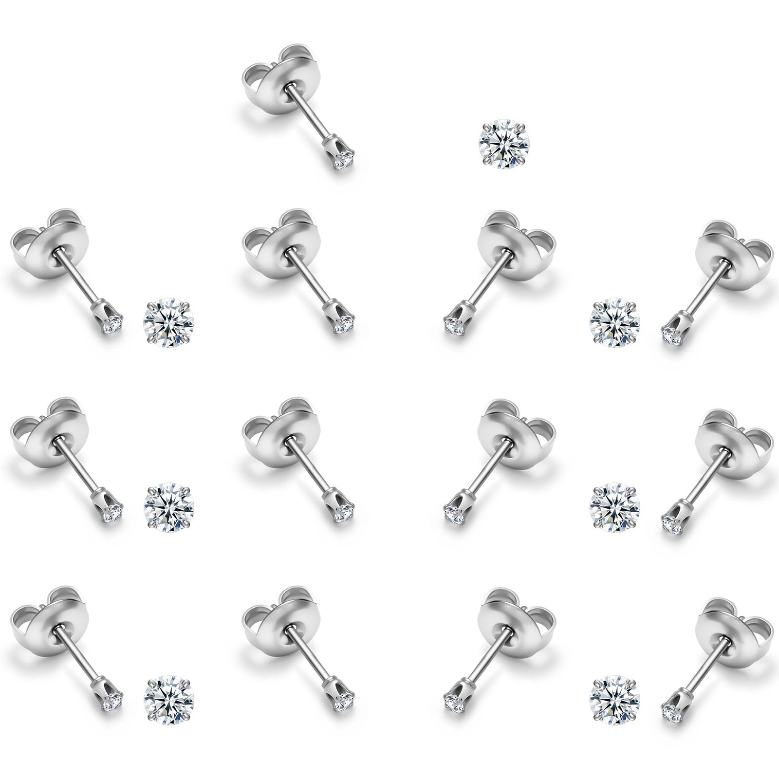 18K White Gold Plated Stud Earrings for Women 10 Pairs 2 millimeters, Silver