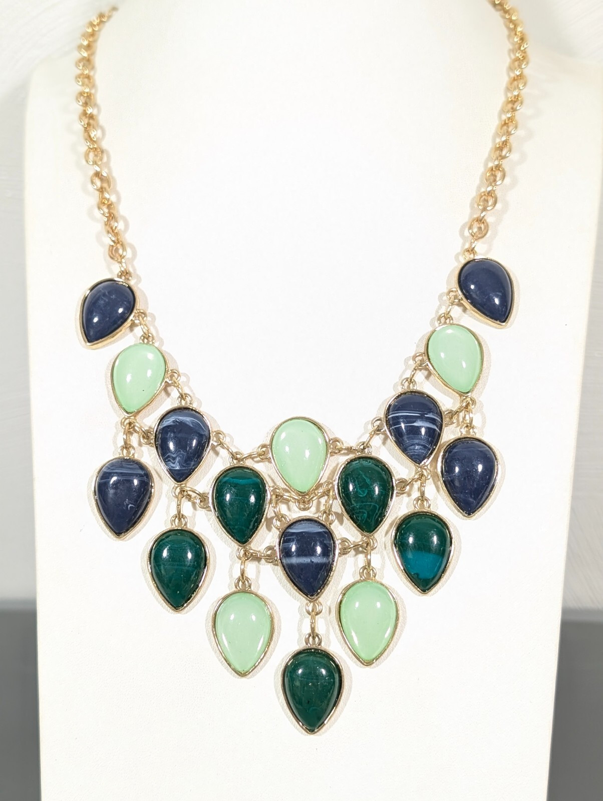 Blue Green Teardrop Cabochon Statement Necklace Beachy Coastal Bib 23 in