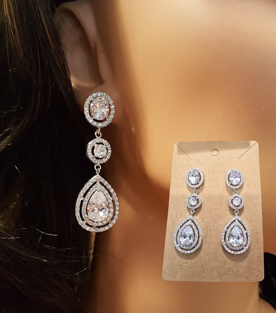 Bridal Wedding, Prom Silver Plated Cubic Zirconia Chandelier Earrings NWOT