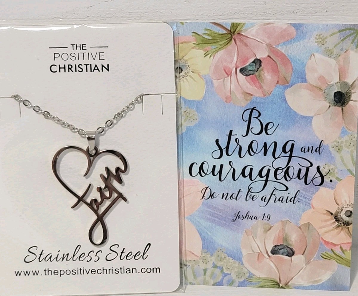 Faith Heart Necklace Stainless Steel Silver Toned w/Chain Christian Jewelry NEW