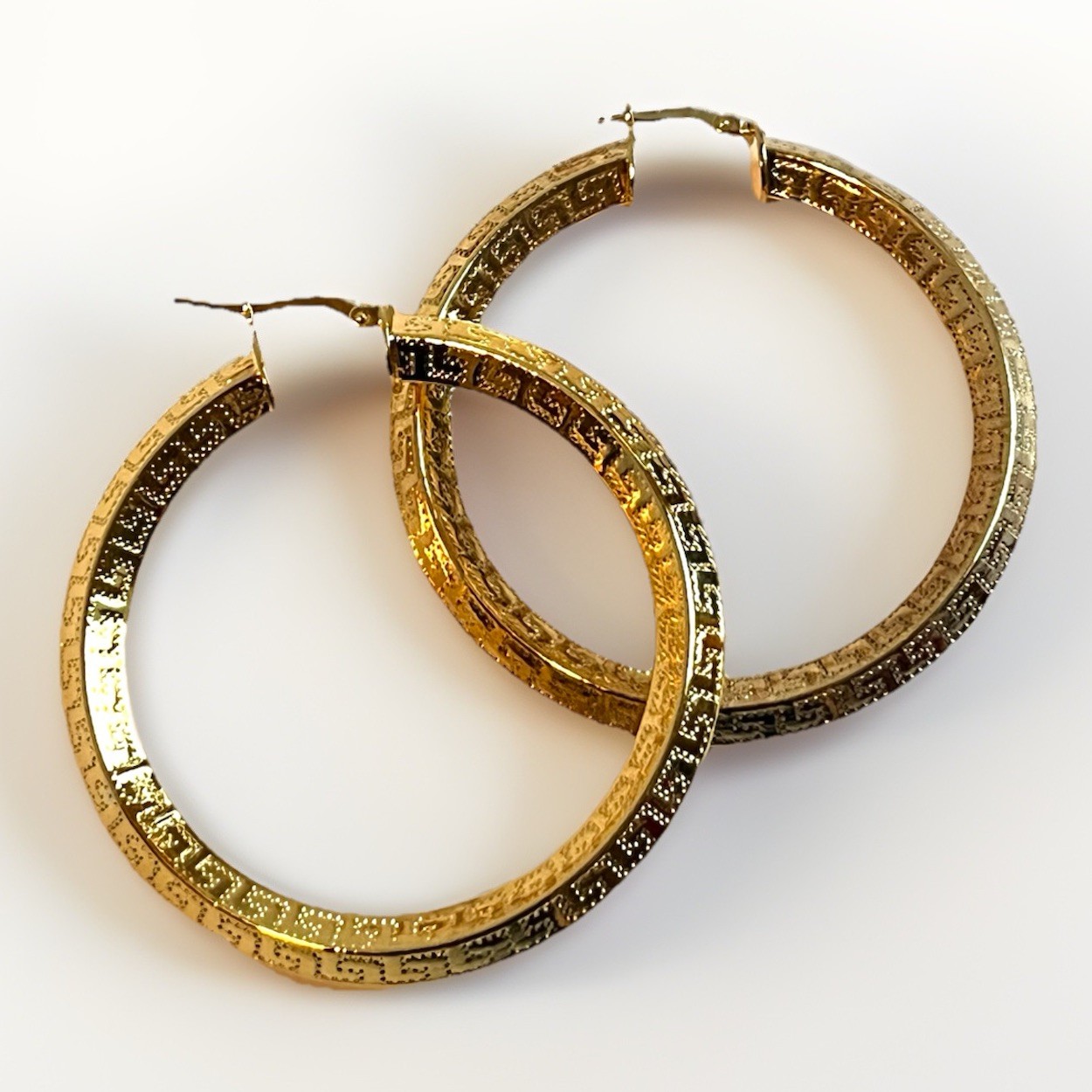 2″ Large Italy 18K Yellow Gold Plate Greek Key Tube Hoop Earrings