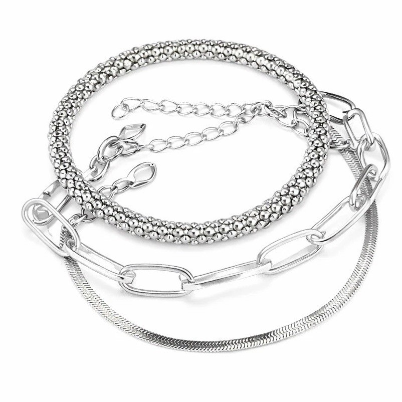 3PCS Silver Layered Bracelet Set Tennis Herringbone Chain Women Jewelry