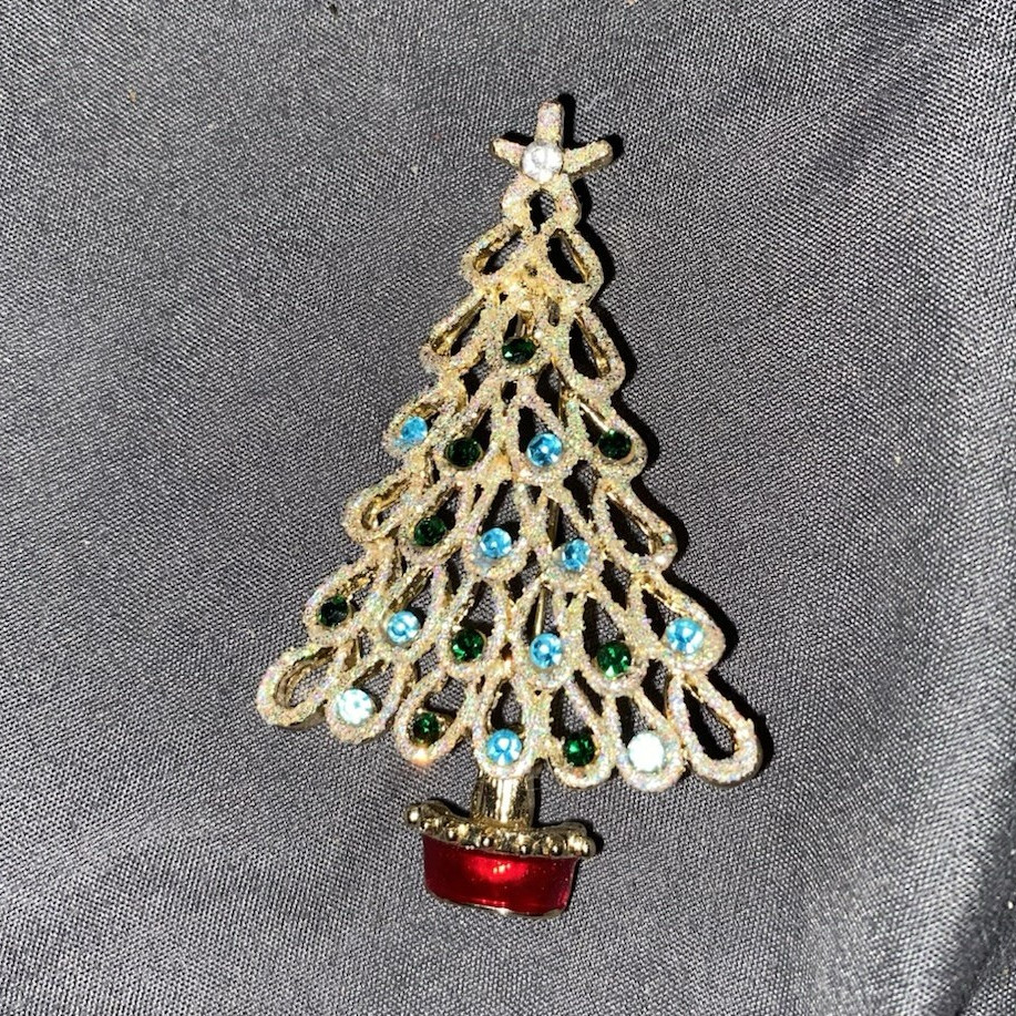 Gold Tone Metal Christmas Tree Brooch Pin Blue Round Rhinestones Red Base
