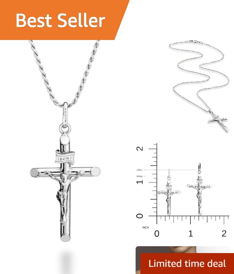 Italian 925 Sterling Silver Crucifix Pendant Necklace with Durable Rope Chain