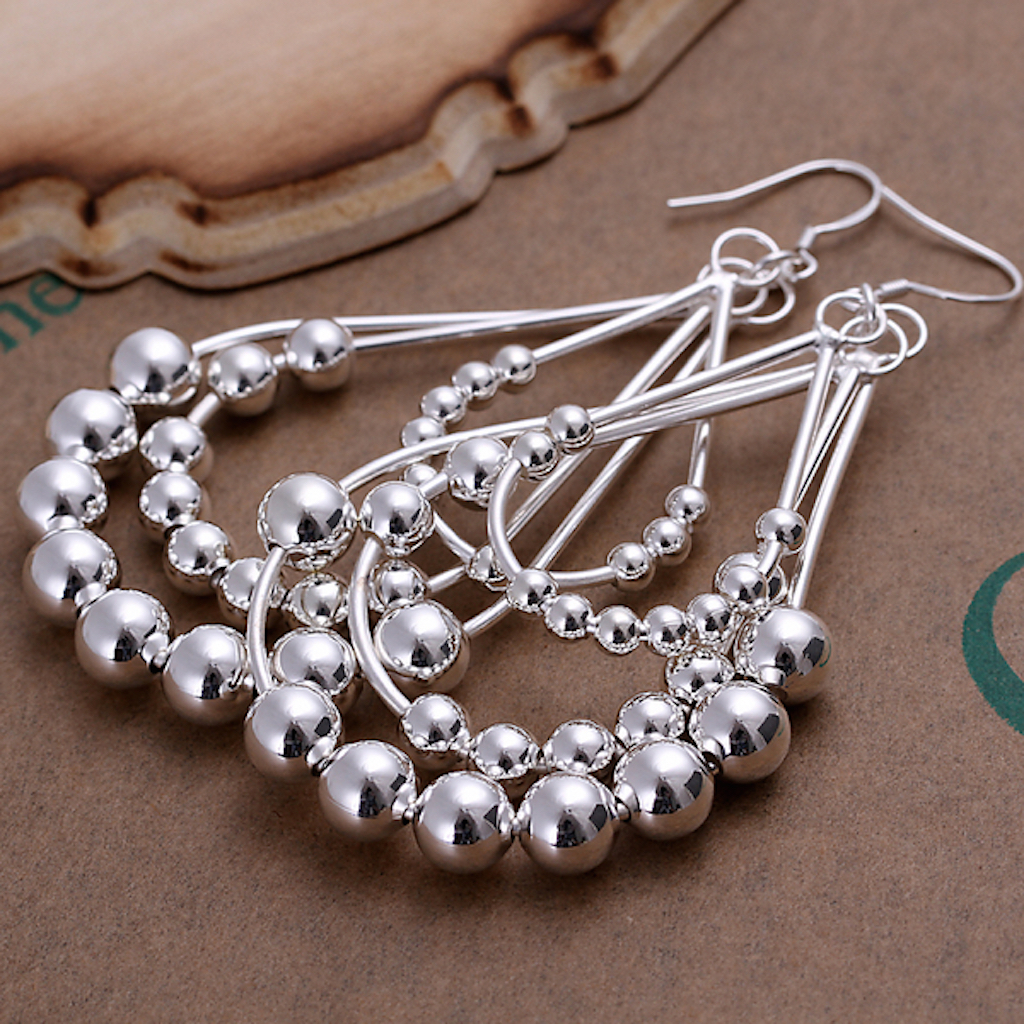 925 Sterling Silver Chandelier Beads Bali Hoop Pierced Earrings L154