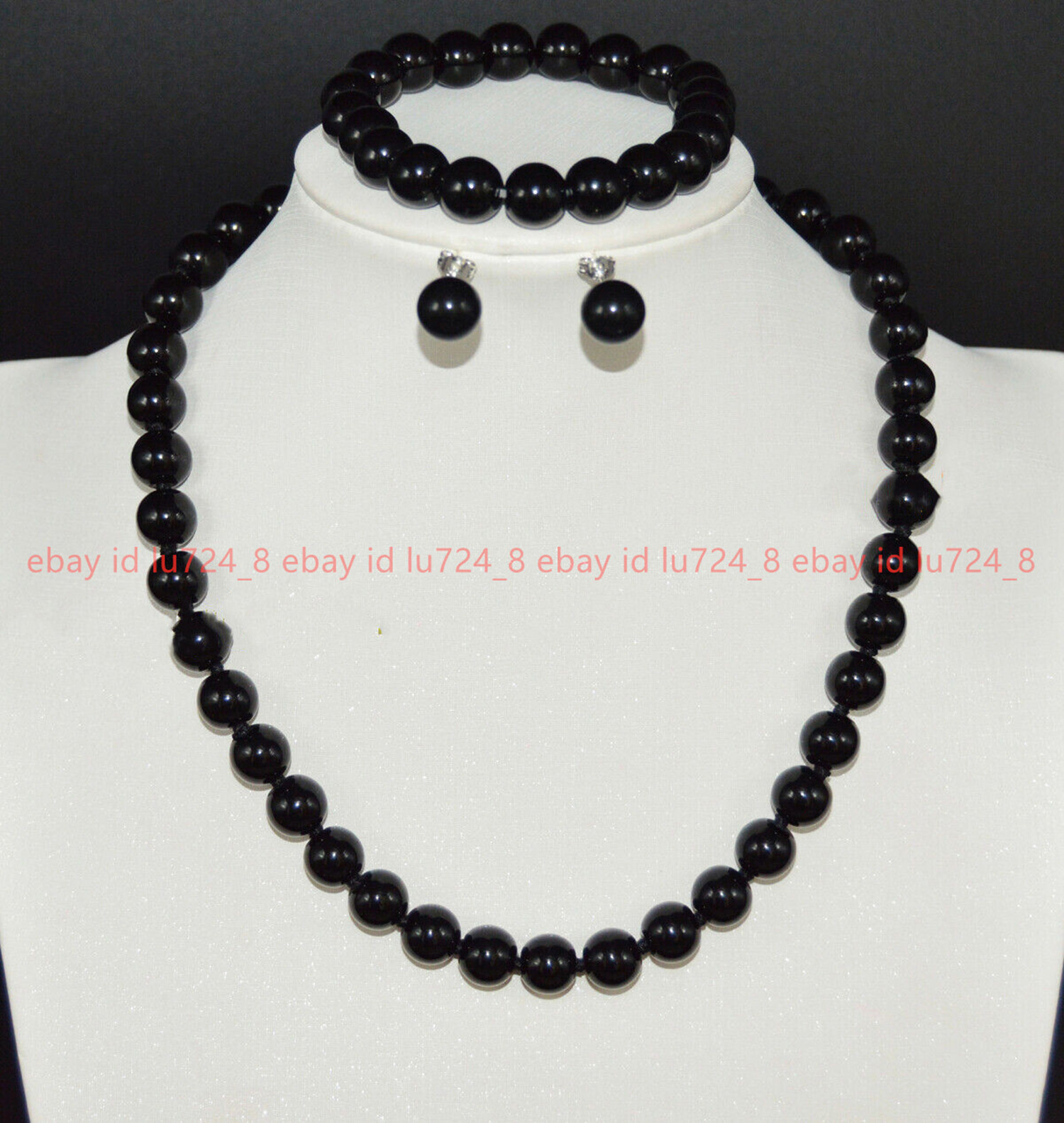 Natural 10mm Black Agate Gemstone Round Beads Necklace Bracelet Earring Set 18”