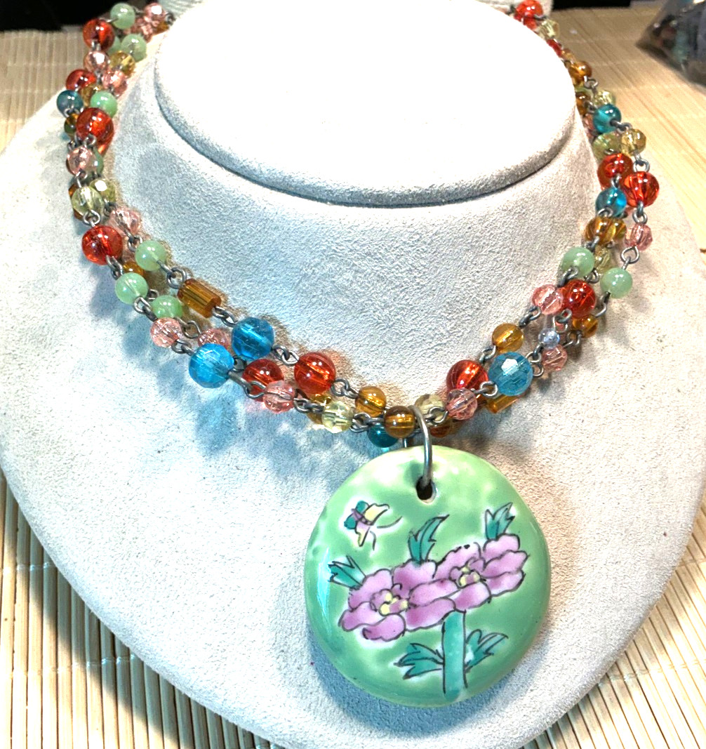 Fashion Necklace Porcelain Floral Amulet Multi Color Acrylic Beads Lot 104D