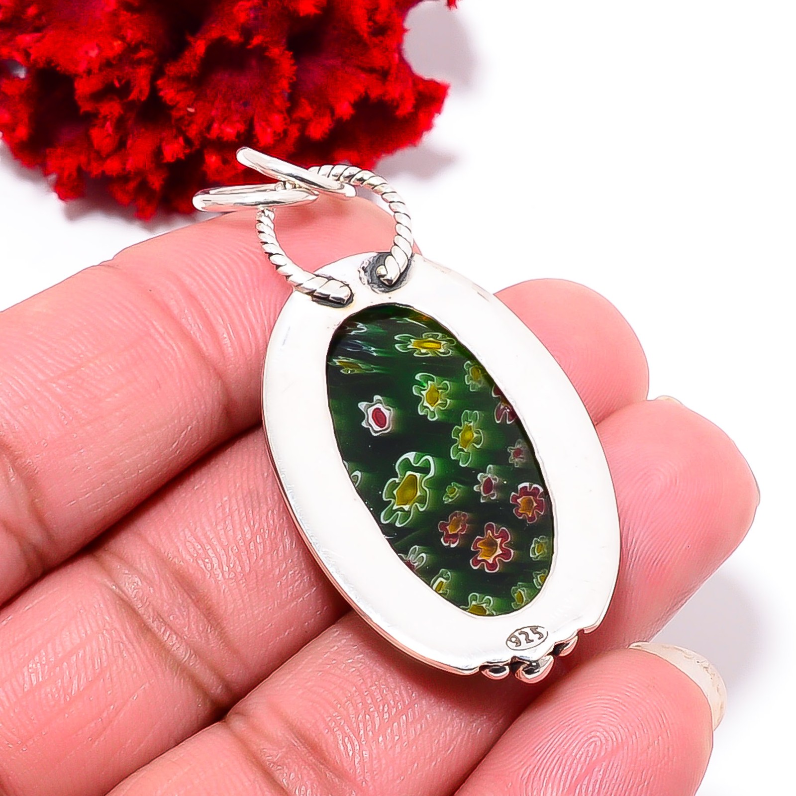 Millefiori Murano Glass Designer Handmade 925 Sterling Silver Pendant 2.07 P9853