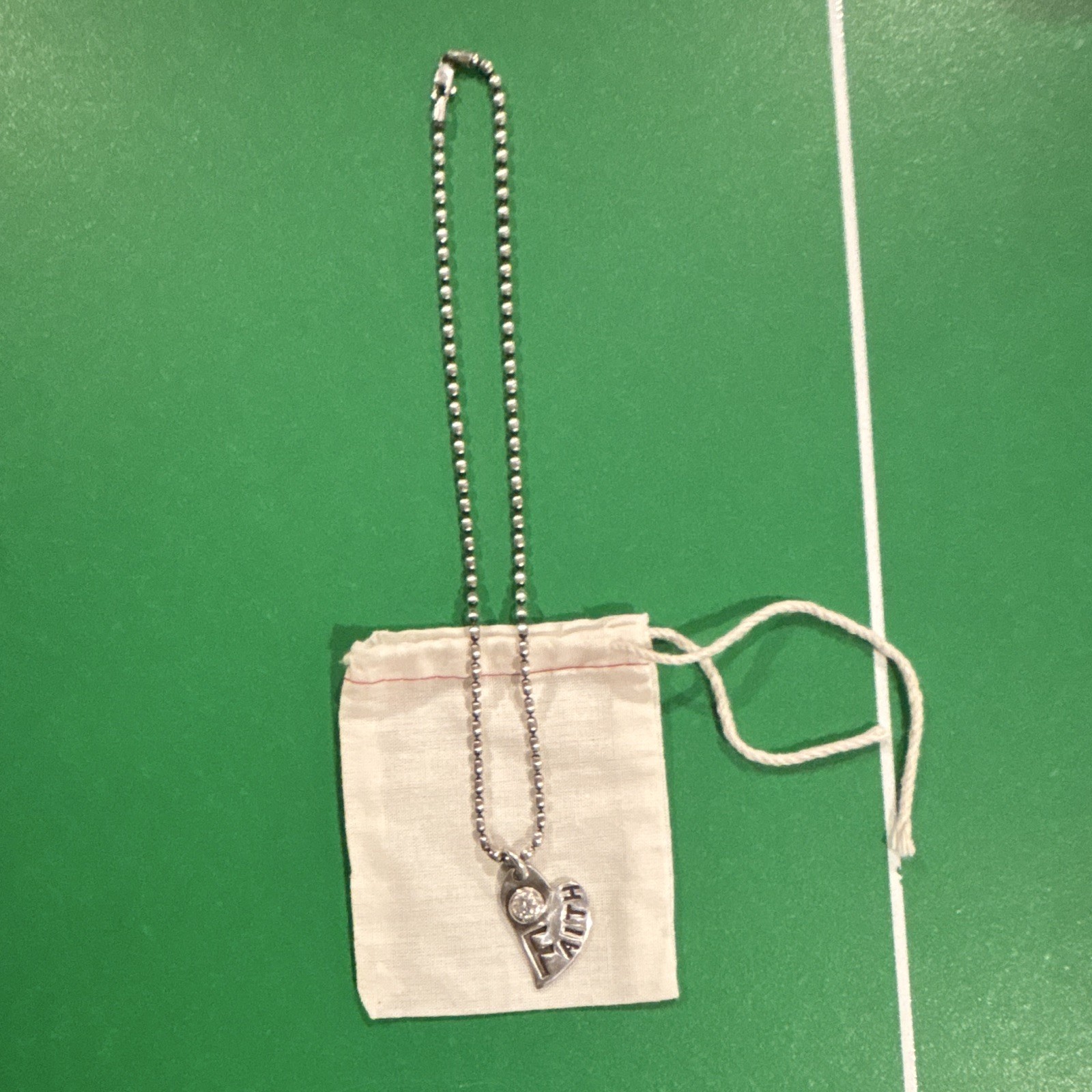Silver Tone Ball/Bead Chain Necklace Heart FAITH REV 91 Clear Crystal Charm