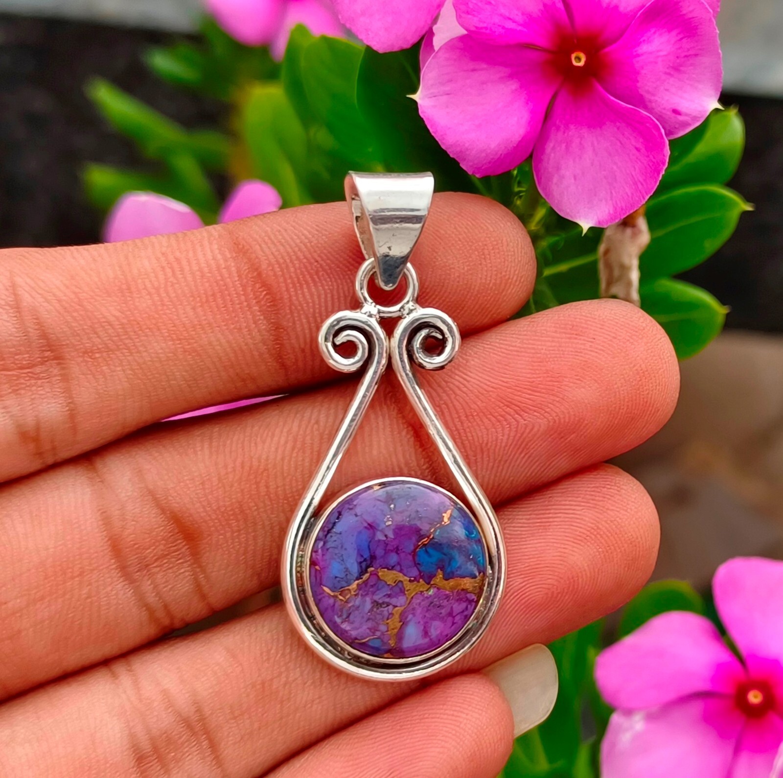 Purple Copper Turquoise Pendant 925 Sterling Silver Gift Handmade Jewelry PG12