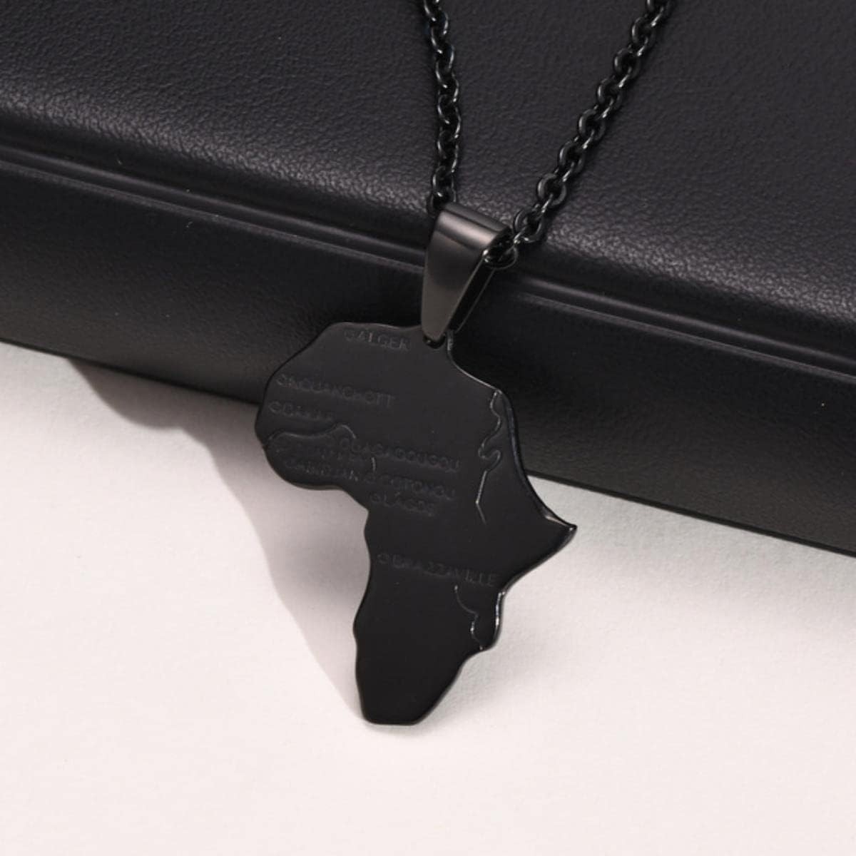 Black Africa Map Pendant Necklace, Capital Cities Stainless Steel Jewelry