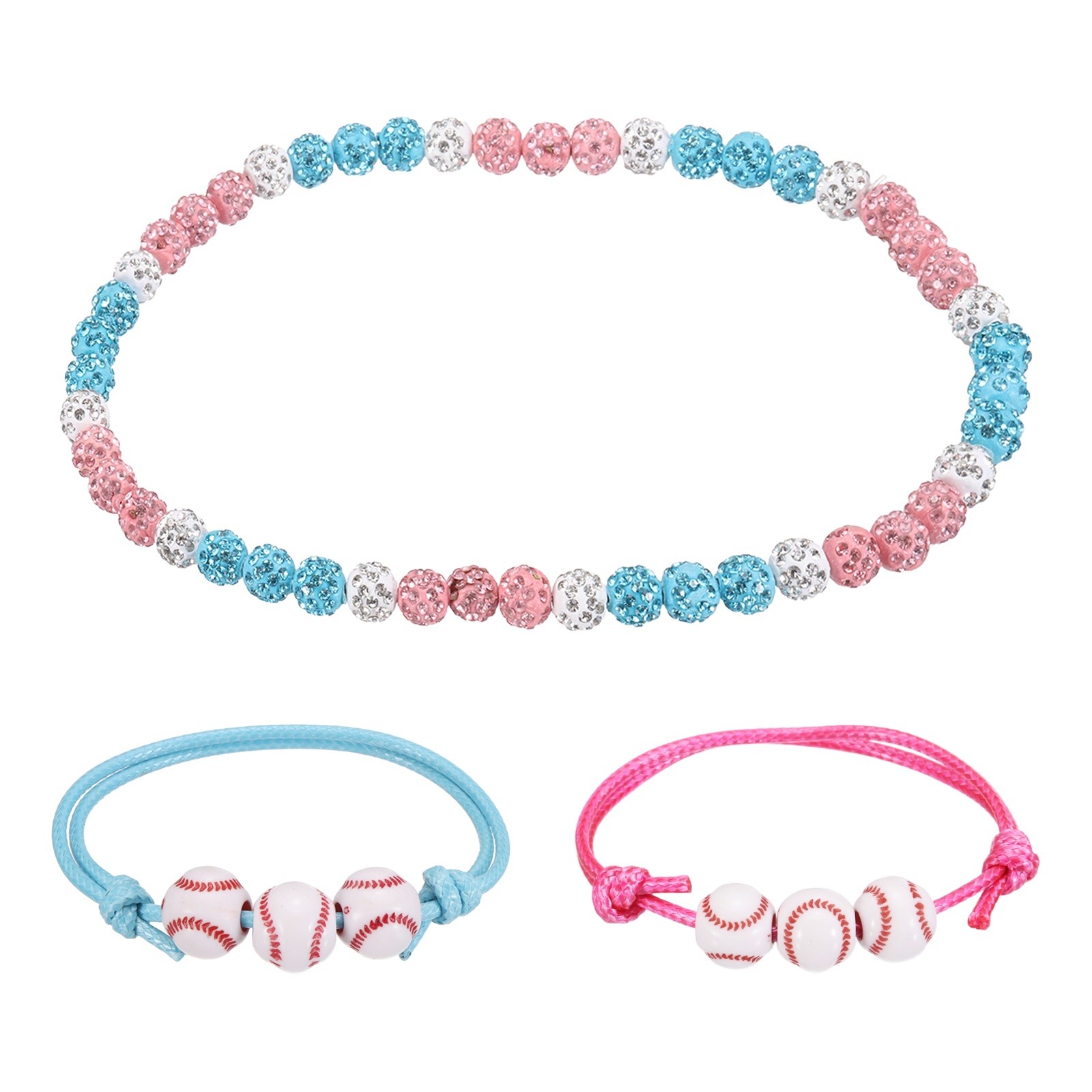 3Pcs, Baseball Necklace 18″ Bling Beaded Chain Bracelet Pink/Green