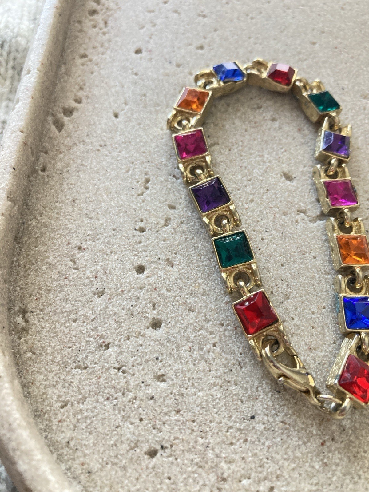 Multicolor Rhinestone Tennis Bracelet Gold Tone Square Link Bold Glam Couture