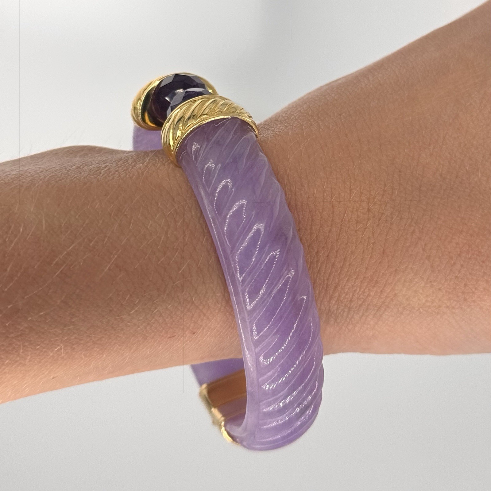 Real Carved Purple Jade Bangle with Gold Plated 925. Rare. Sold Out at $300