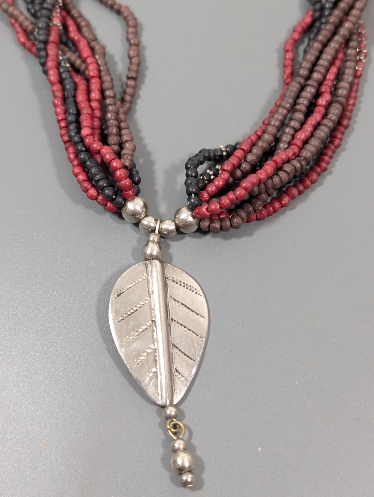 Red Black Beaded Leaf Pendant Multi Strand Statement Necklace Tribal Boho 22 in