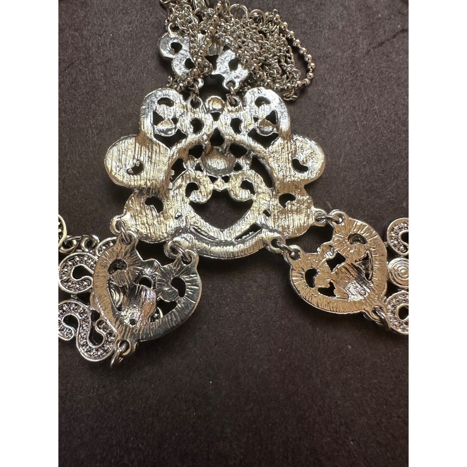 Antiqued Silvertone Filigree Necklace With Tassel Design Hearts S’s Scrolls