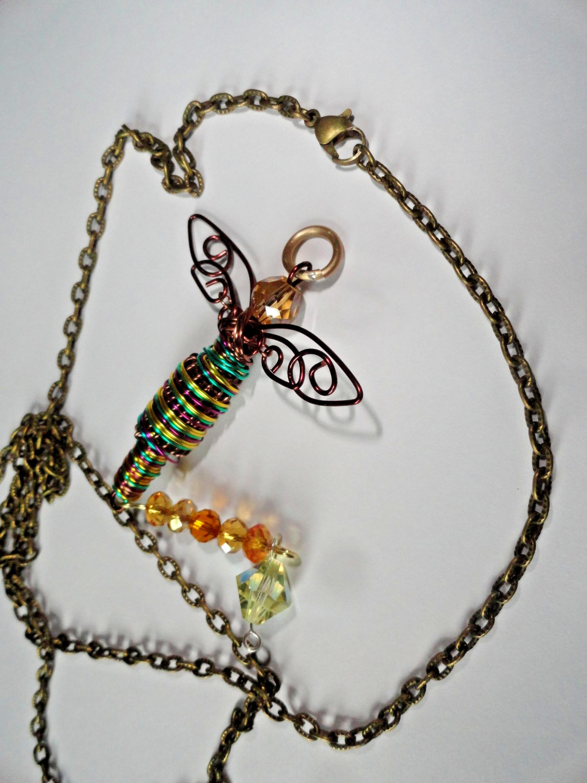 #10705 Brown/Green with Gold/Red Dragonfly Pendant Swarovskis Dangle Chain
