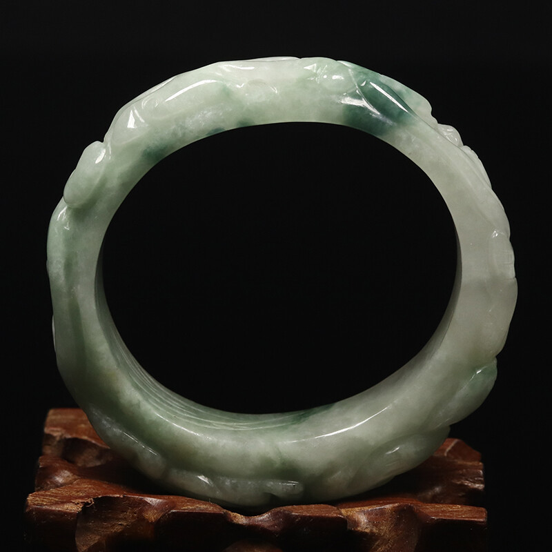 53mm White Green Jadeite Jade Bangle Bracelet Hand-carved Dragons 07709
