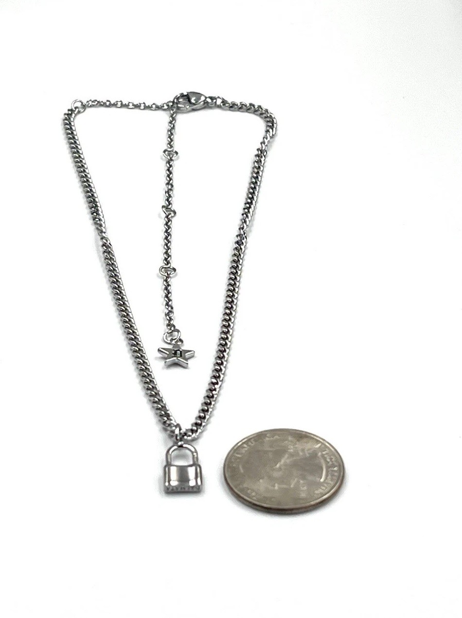 Lock Charm Necklace with Star Extender Chain Silver Tone Minimalist