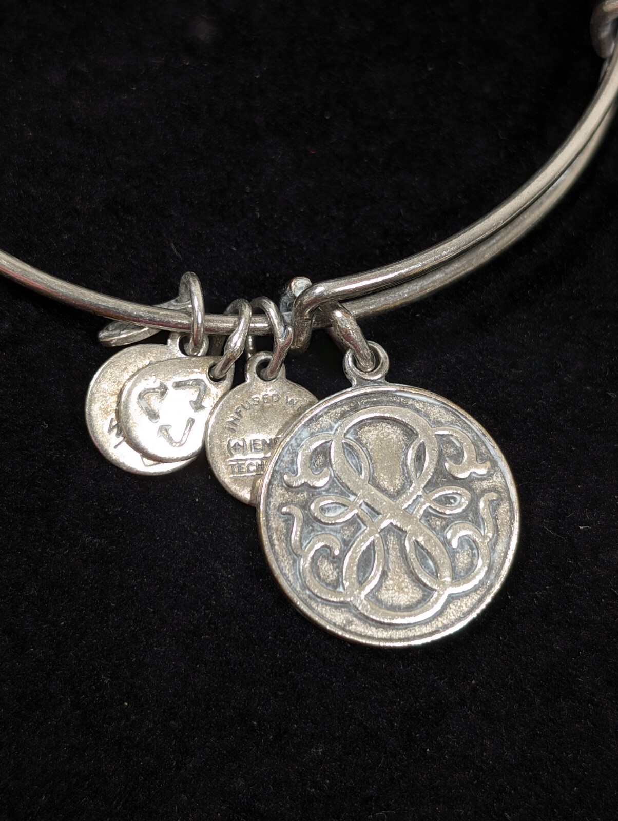Alex Ani Silver Tone Monogram Round Charm Bangle Bracelet 7.5 in