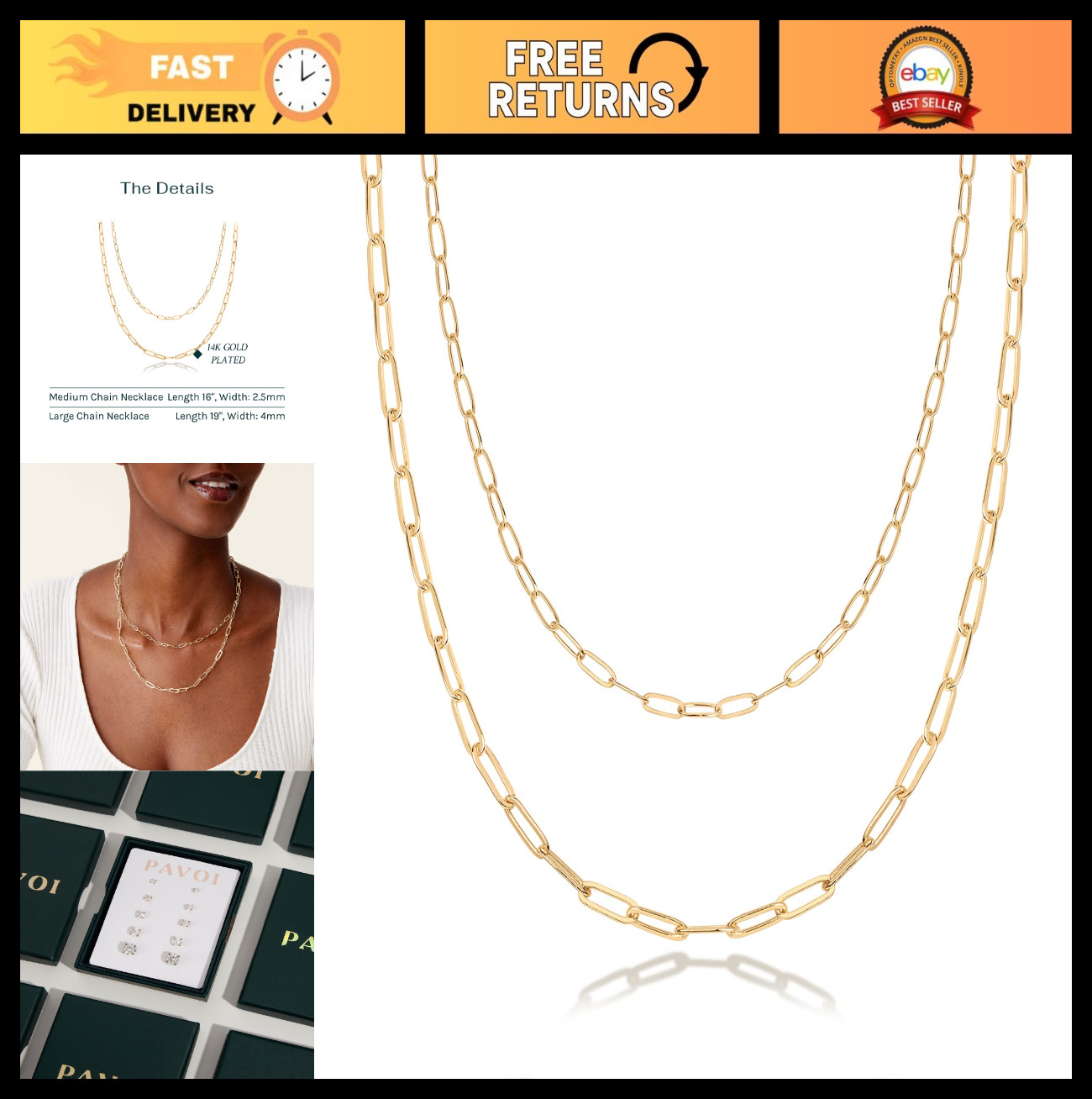 Dainty 14K Gold Plated Layering Necklaces for Women | Snake, Curb, Paperclip Cha