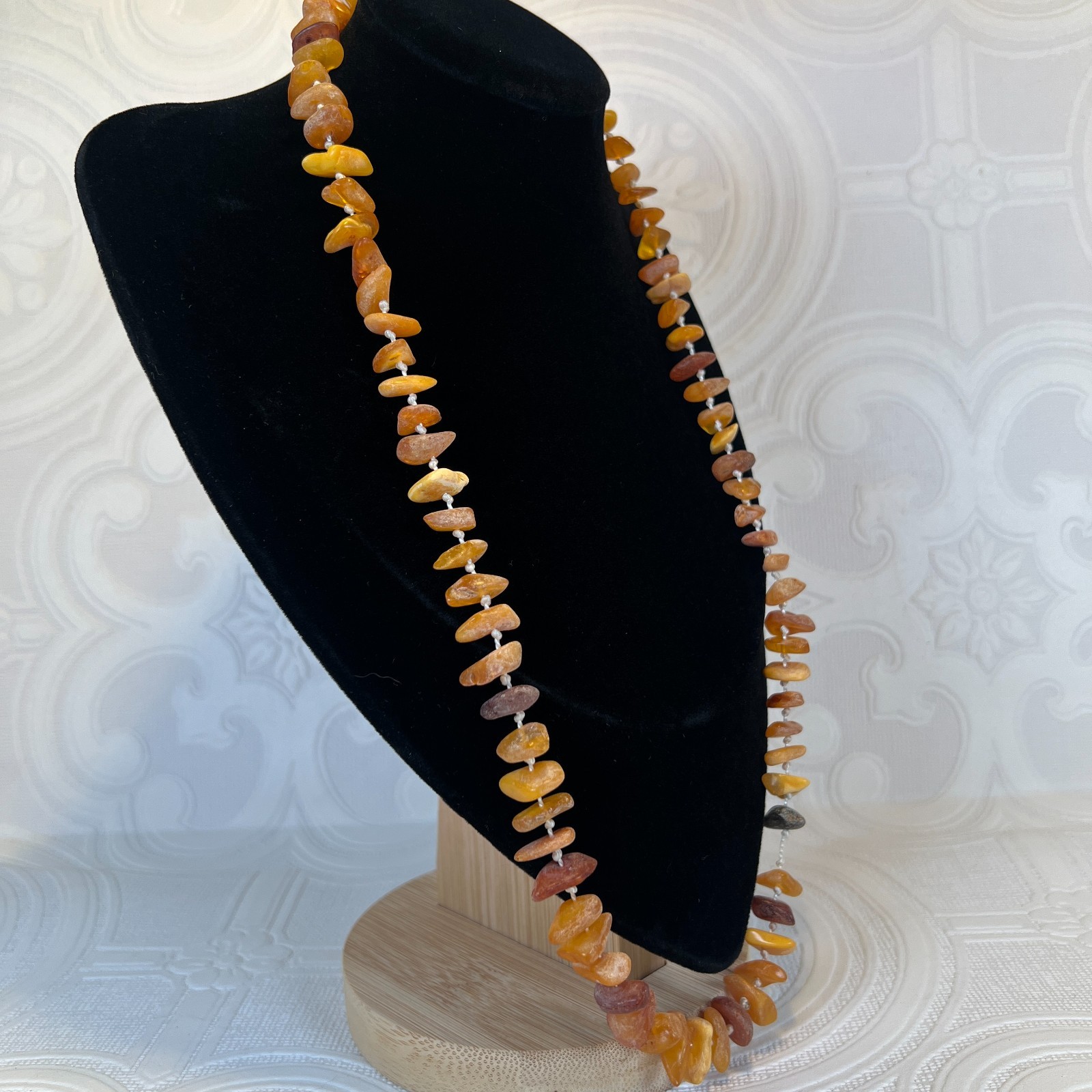 Raw Baltic Amber Necklace Beaded Hand Knotted Barrel Clasp Boho 24 Inch 61 CM