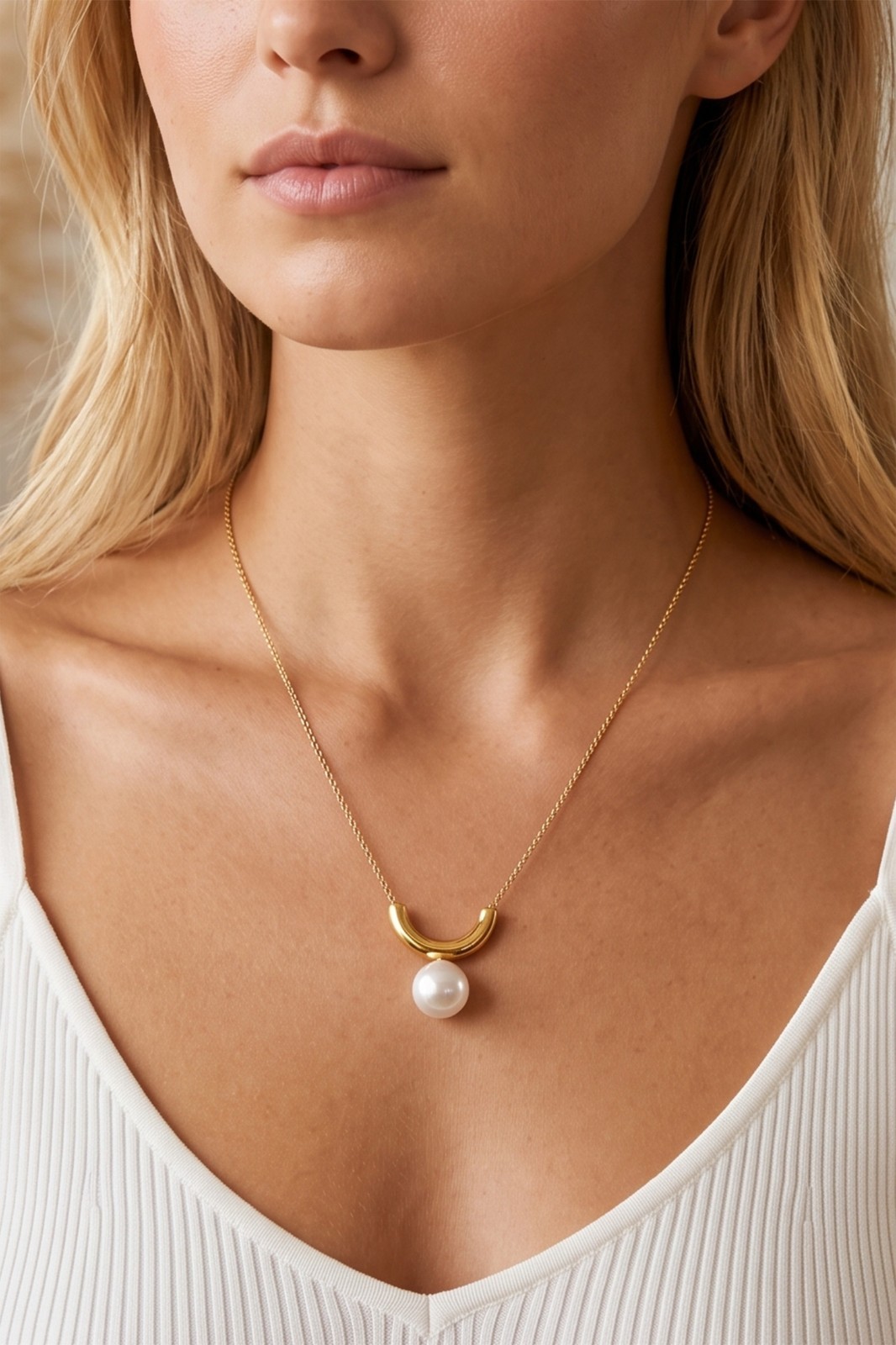 Stainless Steel 18K Gold Plated Curved U Bar Pearl Pendant Curb Chain Choker