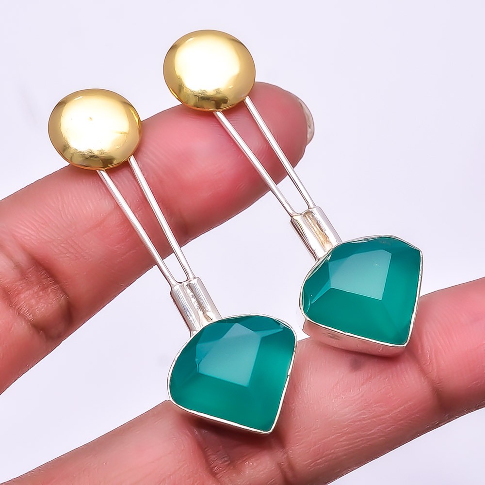 Emerald Simulated 925 Sterling Silver Two Tone Earring 1.95″ E72, Christmas Gift