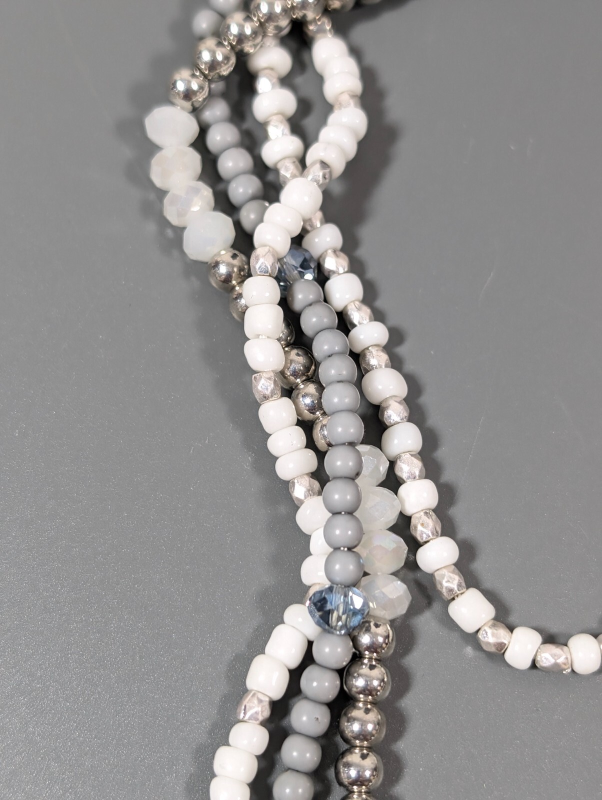 Beachy Coastal White Gray Beaded Silver Tone Layered Necklace 20 inch
