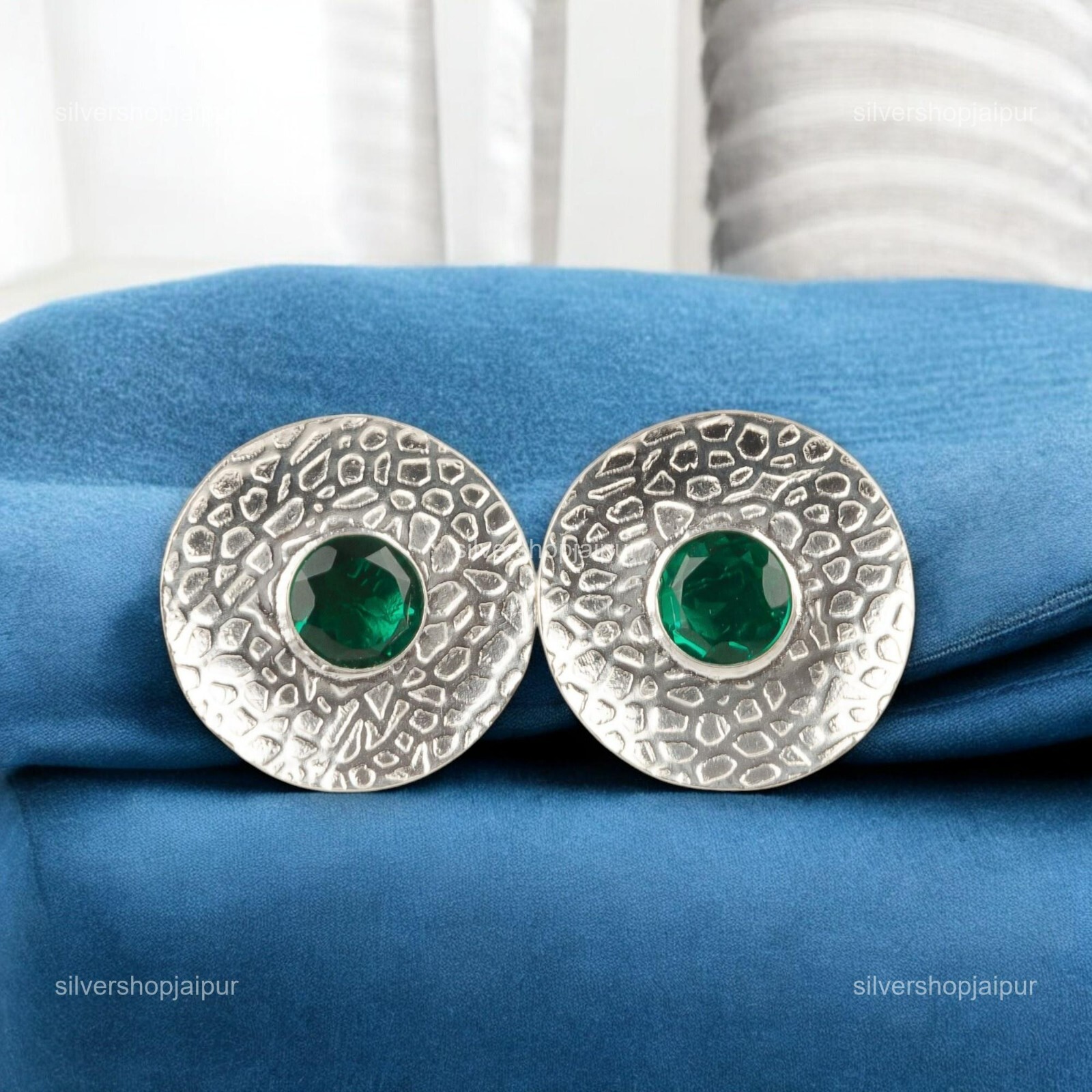 Emerald Gemstone Stud Earrings Sterling Silver Handmade Boho Jewelry 0.89″ Gifts