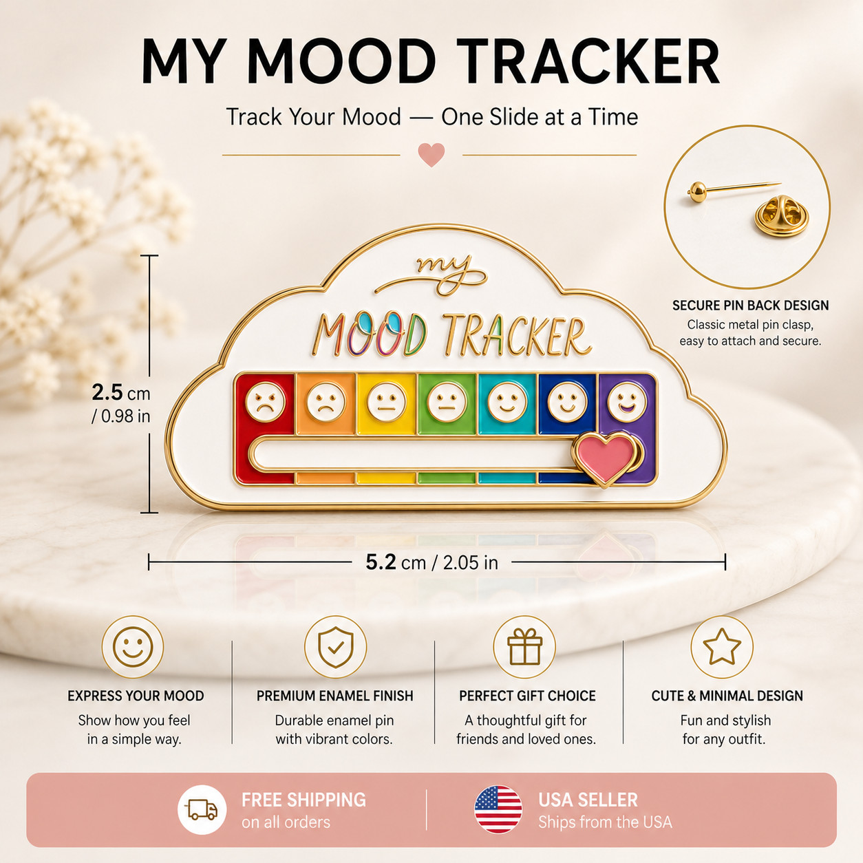 Funny Social Battery Slider Pin – 7-Mood Expression Badge, Cute Interactive Pin